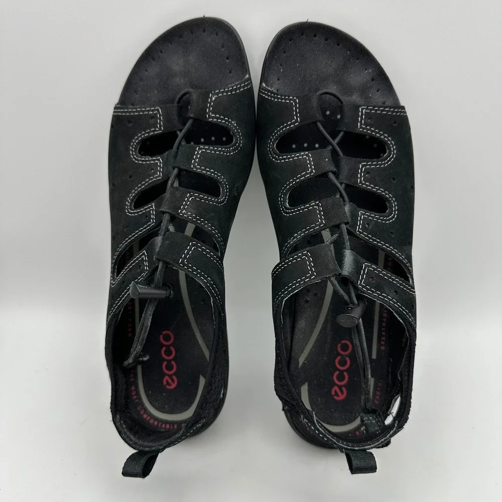 ECCO Sandal Women 39 US 8-8.5 Black Nubuck Bungee Lace Sport Shoes Walking